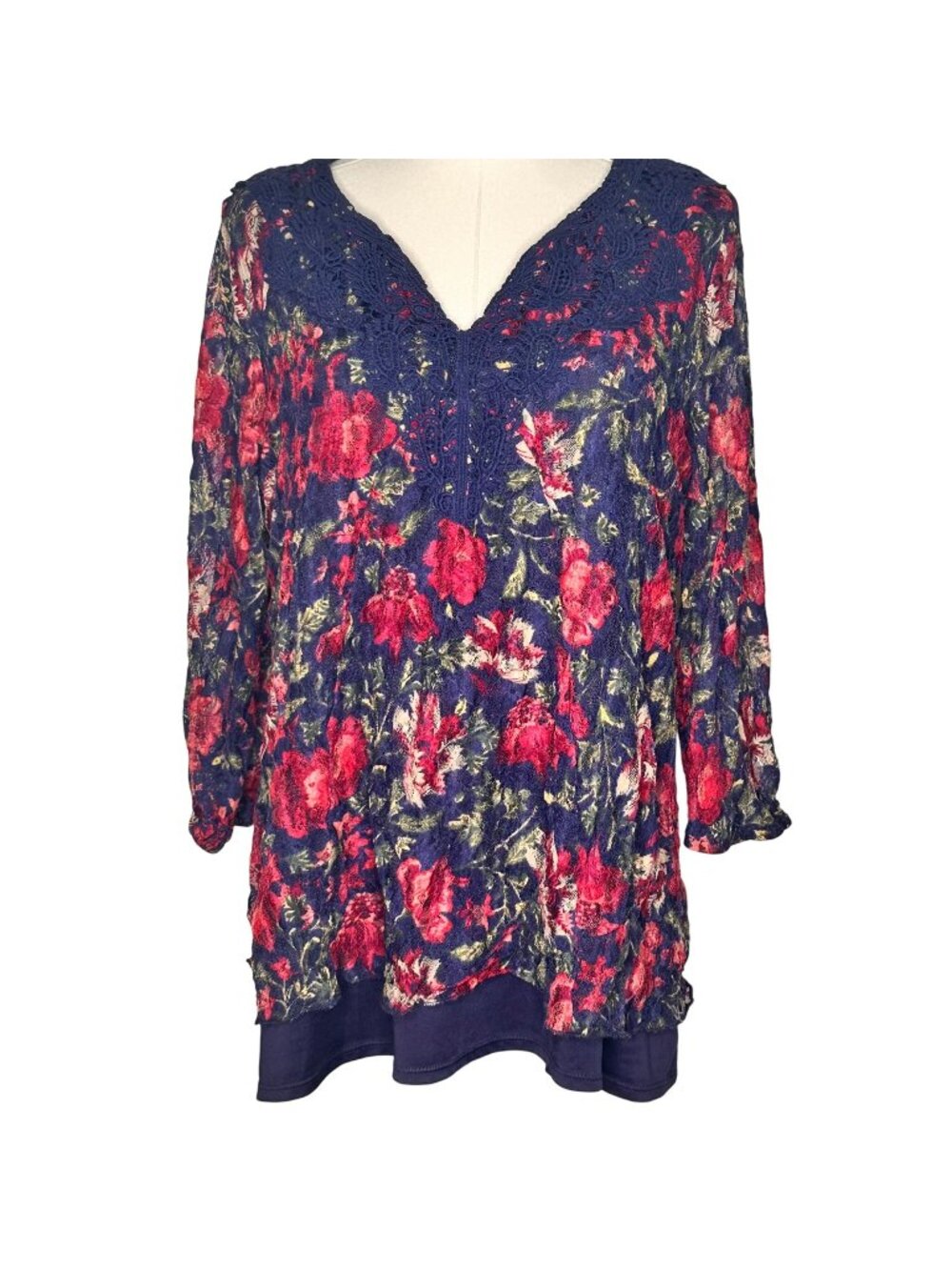 Dark Cottage Floral Lace Long Top Womens XL Romantic Whimsigoth Boho Crochet Y2K